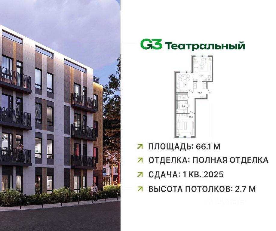 1-BD Apartment Sale, 66.1 sq. m. at G3 Teatralny, Teatralnaya ulitsa, rabochiy posyolok Ilyinskiy, Ramenskiy Urban District, Moscow Region, Russia #1