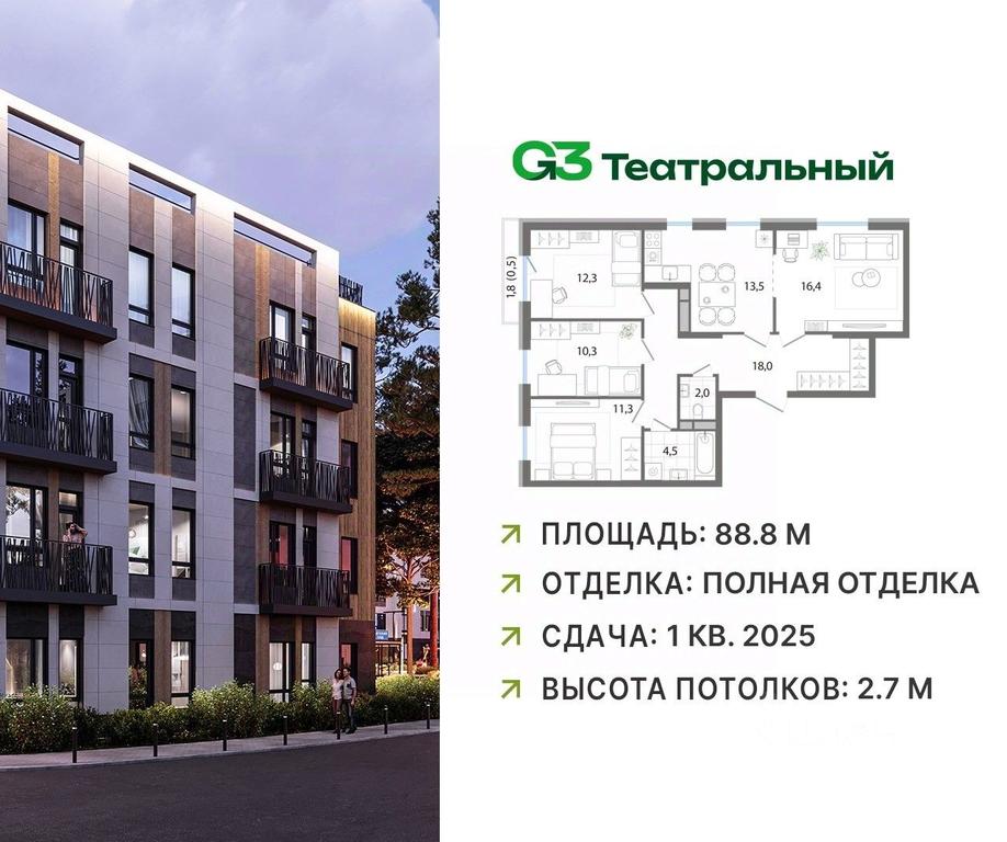 3-BD Apartment Sale, 88.8 sq. m. at G3 Teatralny, Teatralnaya ulitsa, rabochiy posyolok Ilyinskiy, Ramenskiy Urban District, Moscow Region, Russia #1 3-BD Apartment Sale, 88.8 sq. m. at G3 Teatralny, Teatralnaya ulitsa, rabochiy posyolok Ilyinskiy, Ramenskiy Urban District, Moscow Region, Russia #1