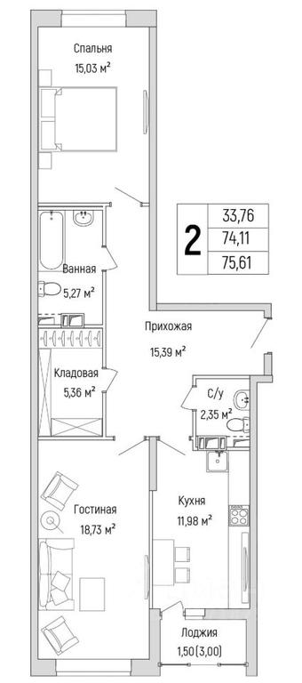 1-BD Apartment Sale, 75.61平方米 at Бузланово, Krasnogorsk Urban District, Moscow Region, Russia #1