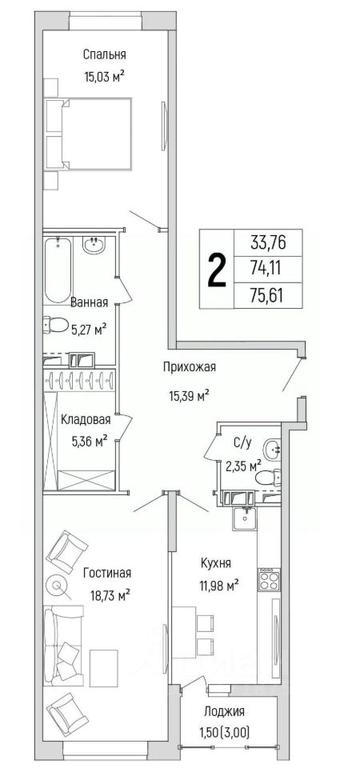1-BD Apartment Sale, 75.61平方米 at Бузланово, Krasnogorsk Urban District, Moscow Region, Russia #1