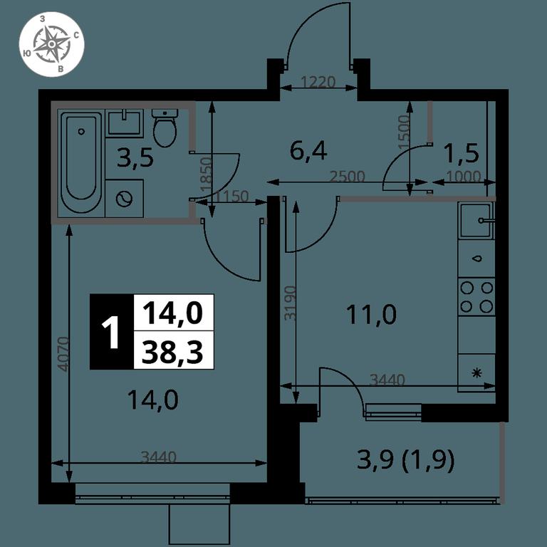 1-BD Apartment Sale, 38.3平方米 at Pervy Yuzhny, zhiloy kompleks Pervy Yuzhny, Leninskiy City District, Moscow Region, Russia #2