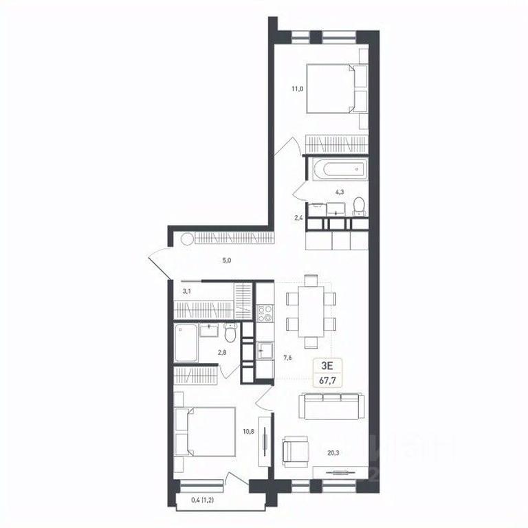 2-BD Apartment Sale, 67.7 sq. m. at Novaya Shcherbinka, Borisovka Village, Podolsk City District, Moscow Region, Russia #1