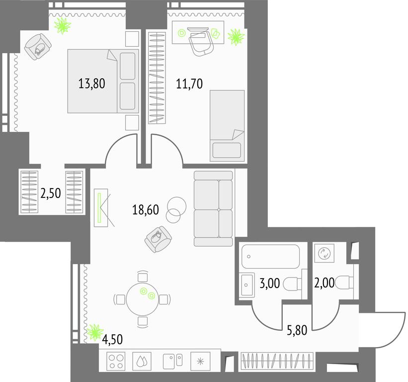 2-BD Apartment Sale, 63.7 sq. m. at Upside Towers, Ogorodny Drive, 4с1, Moscow, Russia #1