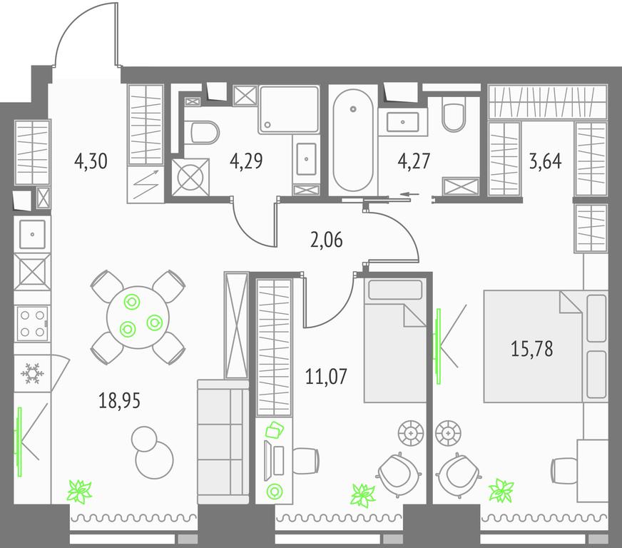 2-BD Apartment Sale, 64.36 sq. m. at Upside Towers, Ogorodny Drive, 4с1, Moscow, Russia #1