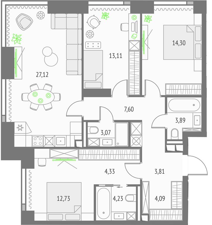 3-BD Apartment Sale, 98.28平方米 at Upside Towers, Ogorodny Drive, 4с1, Moscow, Russia #1