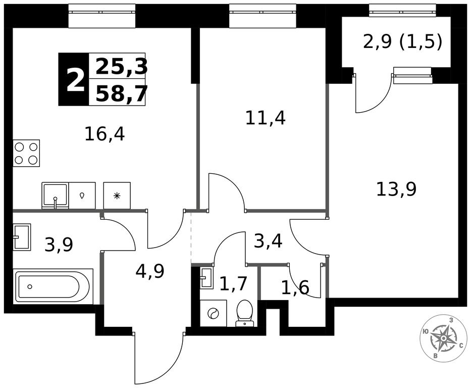 2-BD Apartment Sale, 58.7 sq. m. at 1 Izmajlovskij, Montazhnaya Street, 8с13, Moscow, Russia #1
