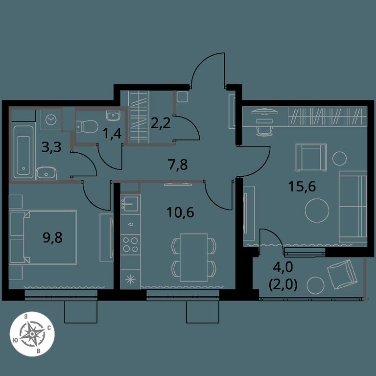 2-BD Apartment Sale, 52.7 sq. m. at Pervy Yuzhny, zhiloy kompleks Pervy Yuzhny, Leninskiy City District, Moscow Region, Russia #1