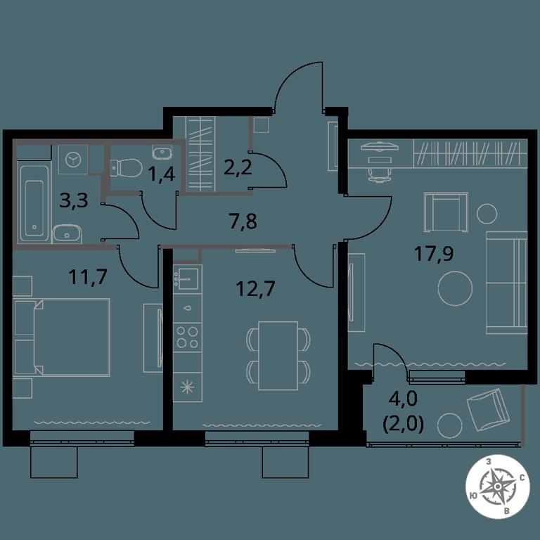 2-BD Apartment Sale, 59平方米 at Pervy Yuzhny, zhiloy kompleks Pervy Yuzhny, Leninskiy City District, Moscow Region, Russia #1