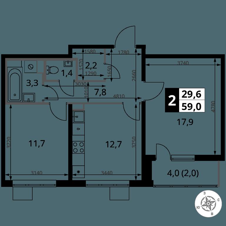 2-BD Apartment Sale, 59平方米 at Pervy Yuzhny, zhiloy kompleks Pervy Yuzhny, Leninskiy City District, Moscow Region, Russia #2