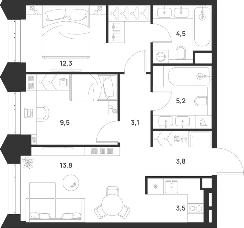 2-BD Apartment Sale, 55.7平方米 at Voice Towers, 1st Grayvoronovsky Drive, Moscow, Russia #1