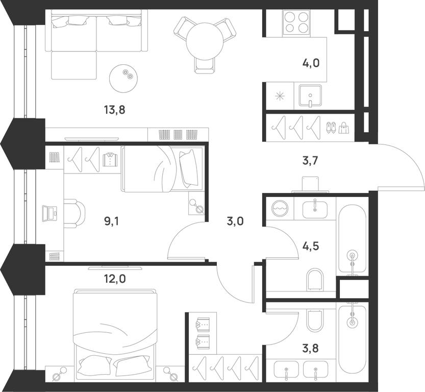 2-BD Apartment Sale, 53.9平方米 at Voice Towers, 1st Grayvoronovsky Drive, Moscow, Russia #1
