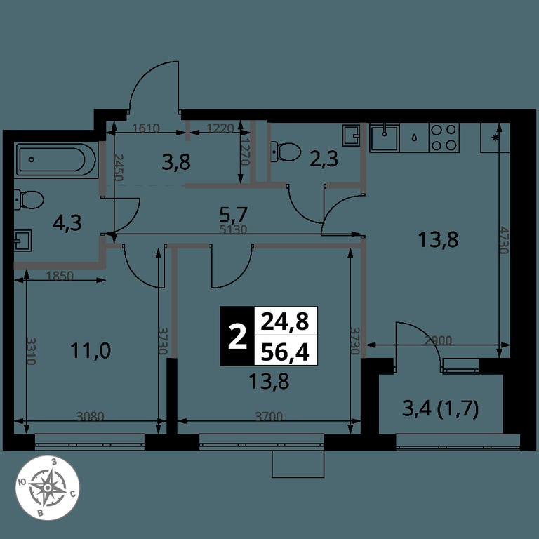2-BD Apartment Sale, 56.4 sq. m. at 1 Yasenevskij, Kvartal № 24, Mosrentgen Settlement, Moscow, Russia #1