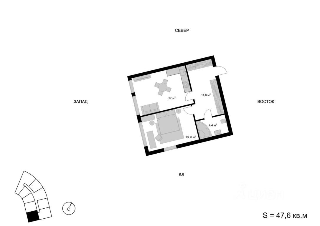 1-BD Apartment Sale, 47.6 sq. m. at Mytischi-Siti, Detskiy pereulok, Mytischi, Moscow Region, Russia #1