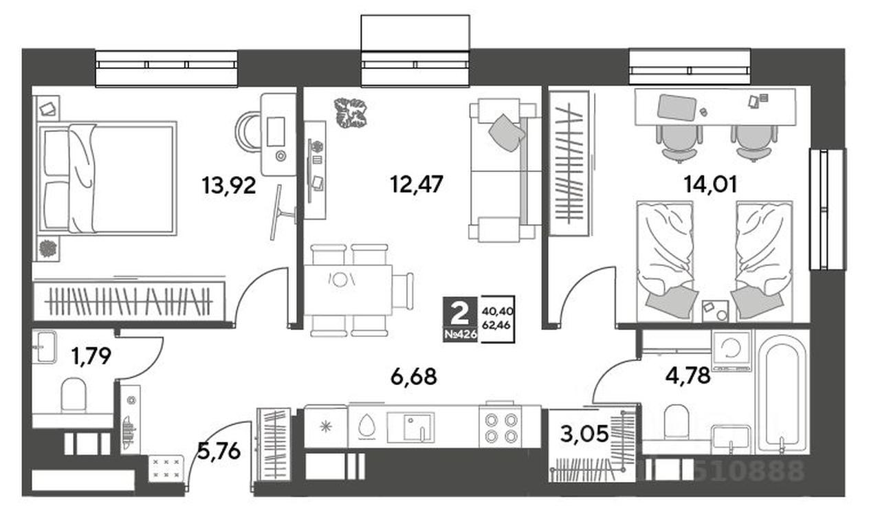 1-BD Apartment Sale, 62.46平方米 at Publitsist, ulitsa Zelyonaya Roshcha, Pushkino, Moscow Region, Russia #1