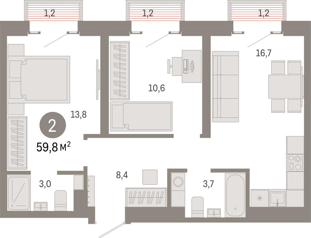2-BD Apartment Sale, 59.8 sq. m. at Kvartal Metronom, Tagilskaya Street, Moscow, Russia #1