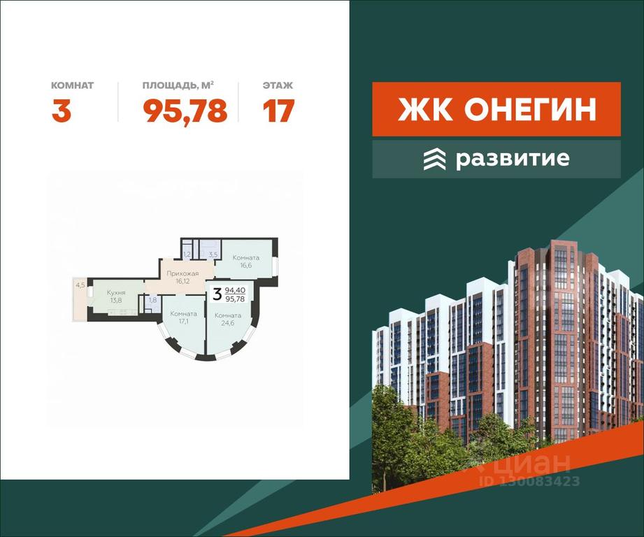 2-BD Apartment Sale, 95.78 sq. m. at Art-kvartal Onegin, Sadovaya Street, 3к1, Krasnaya Gorka Microdistrict, Podolsk, Moscow Region, Russia #1