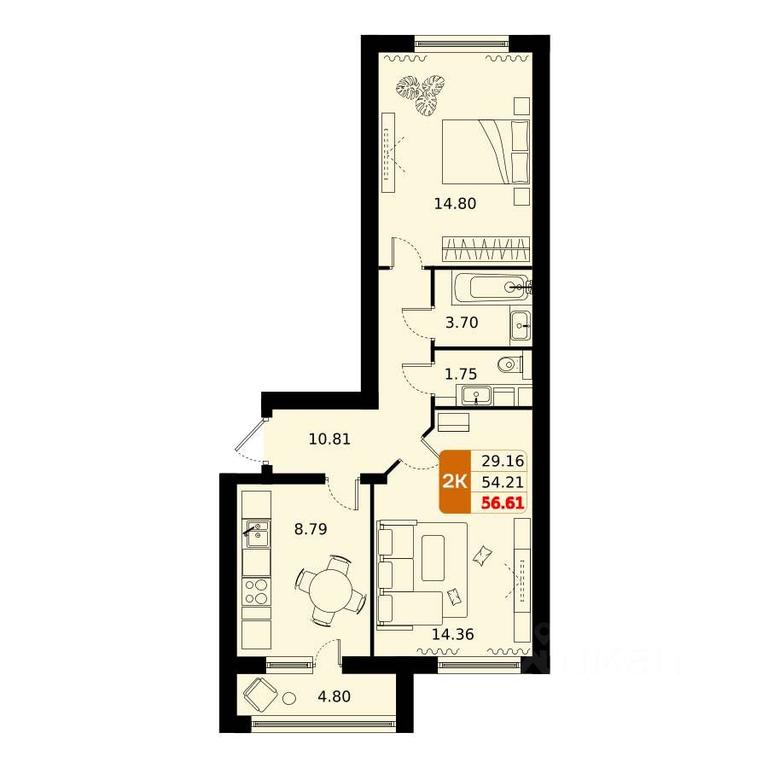 1-BD Apartment Sale, 56.61 sq. m. at Domodedovo park, Tvorchestva Street, Domodedovo Village, Domodedovo City District, Moscow Region, Russia #1