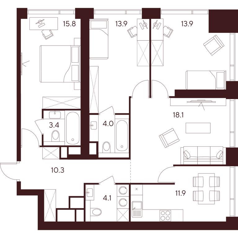 4-BD Apartment Sale, 95.4平方米 at INDY TOWERS (Indi Tauerz), Kuusinen Street, Moscow, Russia #1