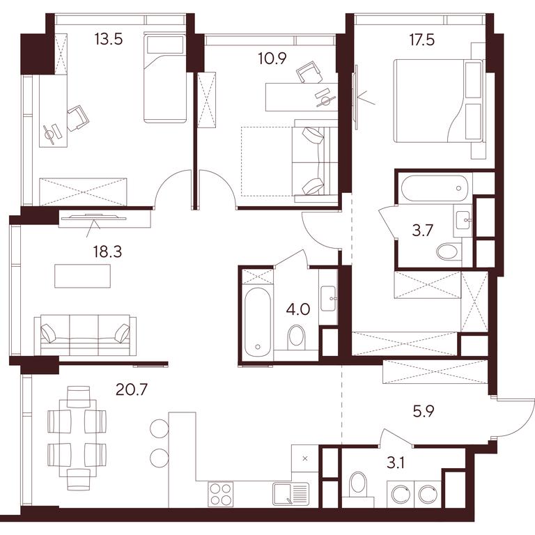4-BD Apartment Sale, 97.6 sq. m. at INDY TOWERS (Indi Tauerz), Kuusinen Street, Moscow, Russia #1