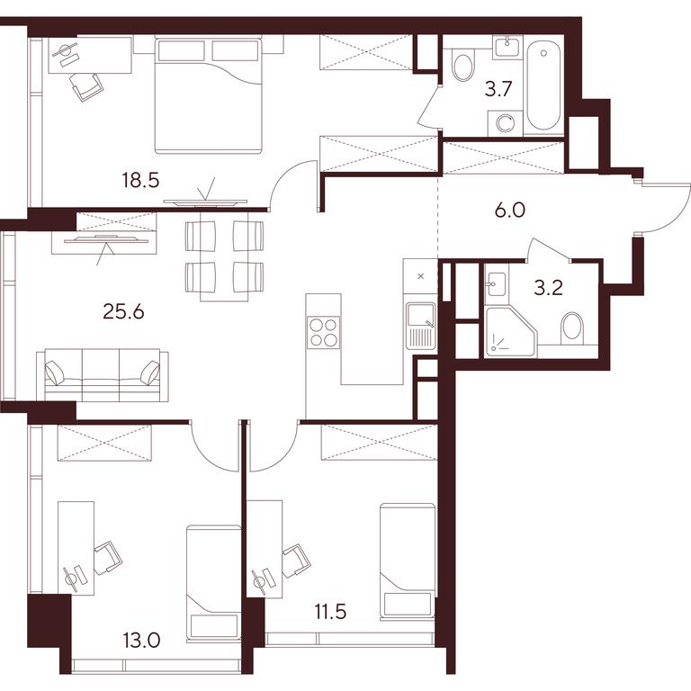 3-BD Apartment Sale, 81.5 sq. m. at INDY TOWERS (Indi Tauerz), Kuusinen Street, Moscow, Russia #1