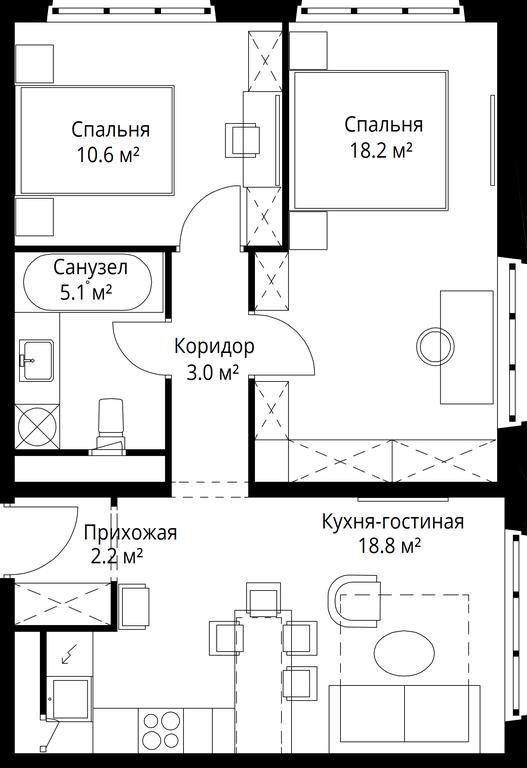2-BD Apartment Sale, 57.9平方米 at Eko Vidnoe 2.0, kvartal Tsentralny, 1, Kupelinka Subdistrict, derevnya Sapronovo, Leninskiy City District, Moscow Region, Russia #1