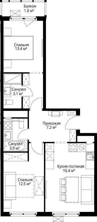 2-BD Apartment Sale, 57.5平方米 at Eko Vidnoe 2.0, kvartal Tsentralny, 1, Kupelinka Subdistrict, derevnya Sapronovo, Leninskiy City District, Moscow Region, Russia #1