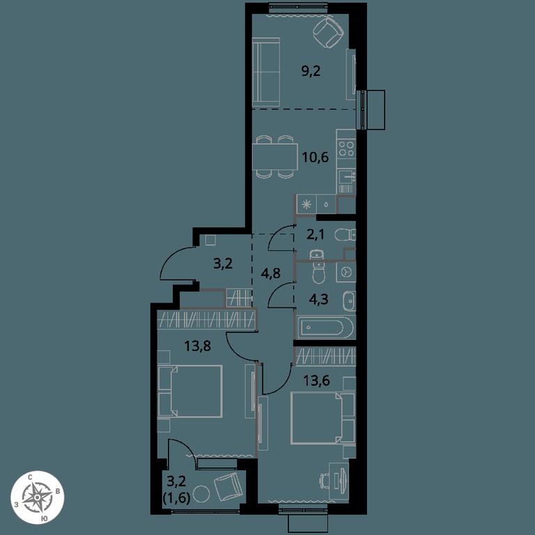 2-BD Apartment Sale, 63.2 sq. m. at 1 Himkinskij, zhiloy kompleks 1-y Khimkinskiy, kvartal Mezhdunarodny, mikrorayon Klyazma-Starbeyevo, Khimki, Moscow Region, Russia #1