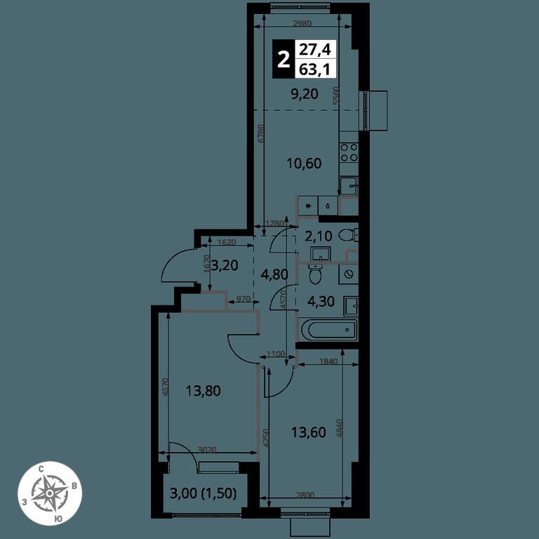 2-BD Apartment Sale, 63.2 sq. m. at 1 Himkinskij, zhiloy kompleks 1-y Khimkinskiy, kvartal Mezhdunarodny, mikrorayon Klyazma-Starbeyevo, Khimki, Moscow Region, Russia #2