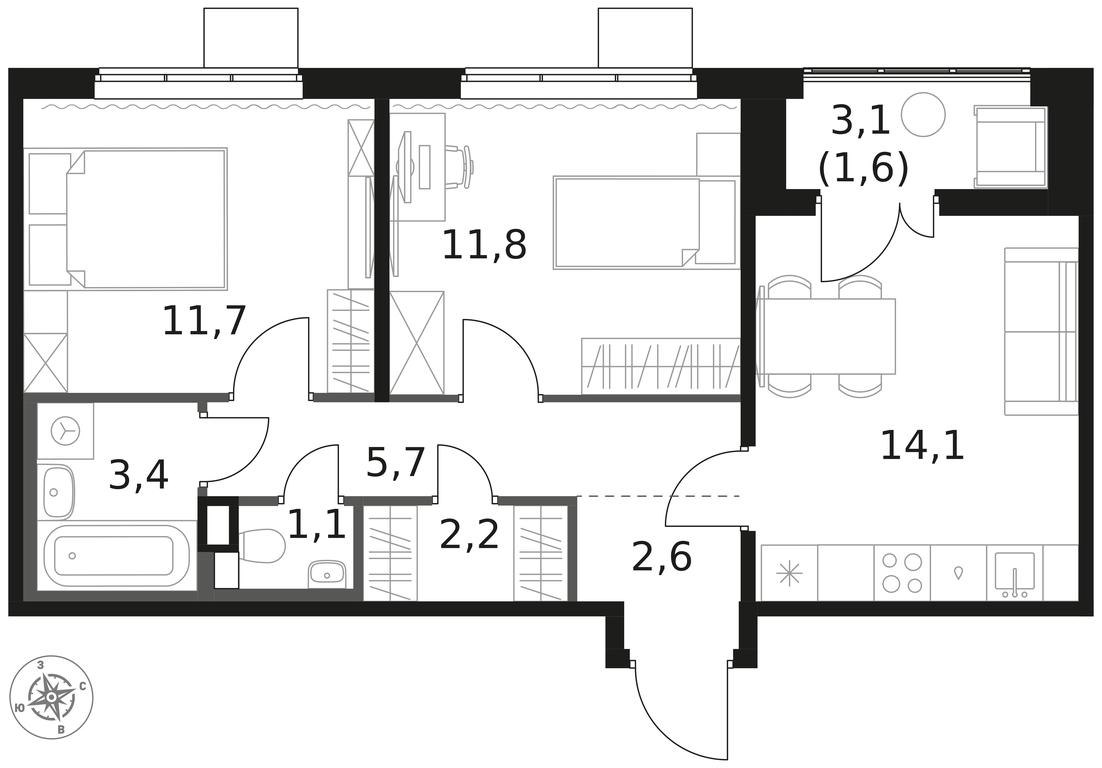 2-BD Apartment Sale, 54.2 sq. m. at 1 Himkinskij, zhiloy kompleks 1-y Khimkinskiy, kvartal Mezhdunarodny, mikrorayon Klyazma-Starbeyevo, Khimki, Moscow Region, Russia #1