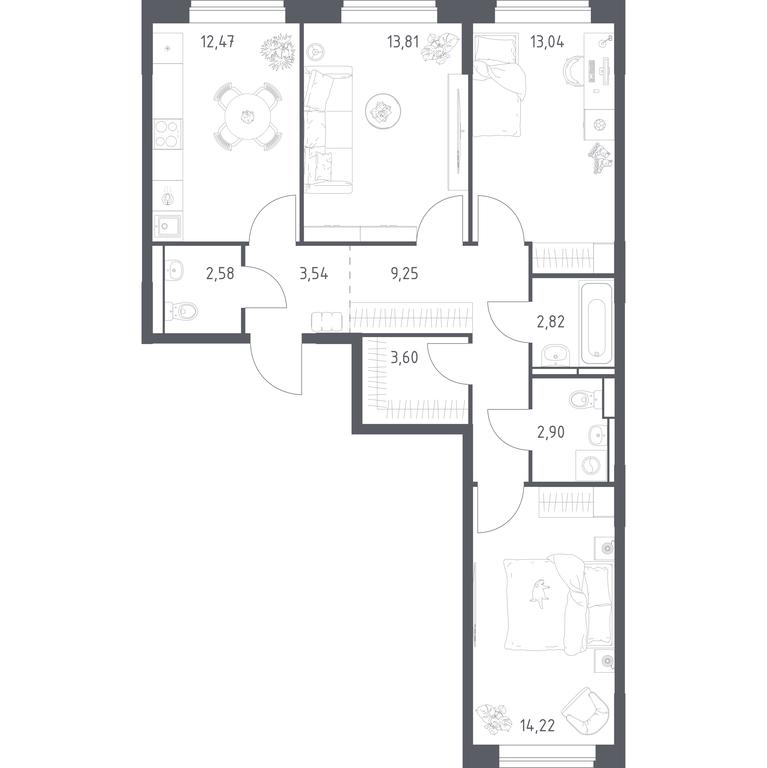 2-BD Apartment Sale, 78.23 sq. m. at Pribrezhnyi Park, Pribrezhniy Park Residential Complex, Village of Yam, Domodedovo City District, Moscow Region, Russia #1