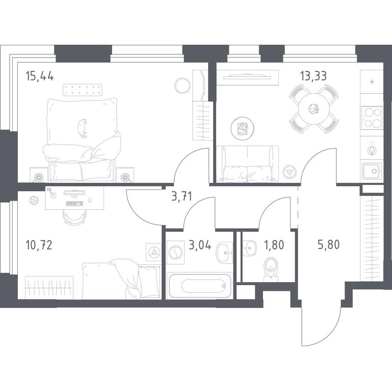 1-BD Apartment Sale, 53.84 sq. m. at Pribrezhnyi Park, Pribrezhniy Park Residential Complex, Village of Yam, Domodedovo City District, Moscow Region, Russia #1