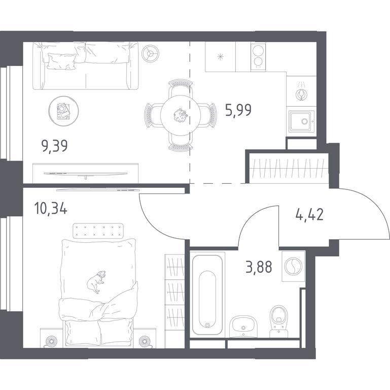 Apartment Sale, 34.02平方米 at Pribrezhnyi Park, Pribrezhniy Park Residential Complex, Village of Yam, Domodedovo City District, Moscow Region, Russia #1