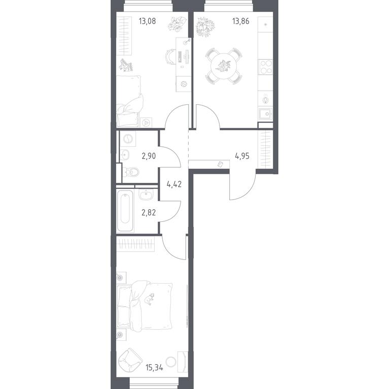 1-BD Apartment Sale, 57.37 sq. m. at Pribrezhnyi Park, Pribrezhniy Park Residential Complex, Village of Yam, Domodedovo City District, Moscow Region, Russia #1