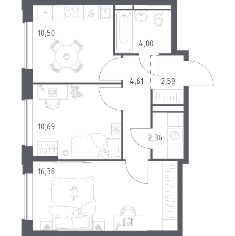 1-BD Apartment Sale, 51.13 sq. m. at Pribrezhnyi Park, Pribrezhniy Park Residential Complex, Village of Yam, Domodedovo City District, Moscow Region, Russia #1