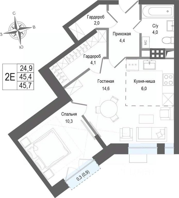 1-BD Apartment Sale, 44.4平方米 at KINOKVARTAL, Solnechnaya Street, Pervomayskiy Microdistrict, Korolyov, Moscow Region, Russia #1