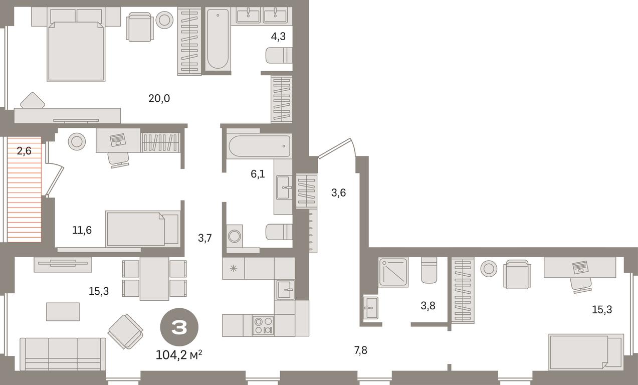 3-BD Apartment Sale, 104.2 sq. m. at Pervy kvartal, Kalinovaya ulitsa, derevnya Sapronovo, Leninskiy City District, Moscow Region, Russia #1
