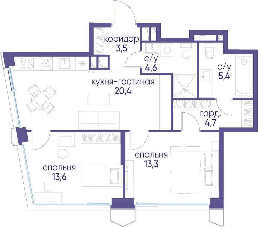 2-BD Apartment Sale, 65.5 sq. m. at Ostrov, Nizhnye Mnyovniki Street, 37Ас4, Moscow, Russia #1
