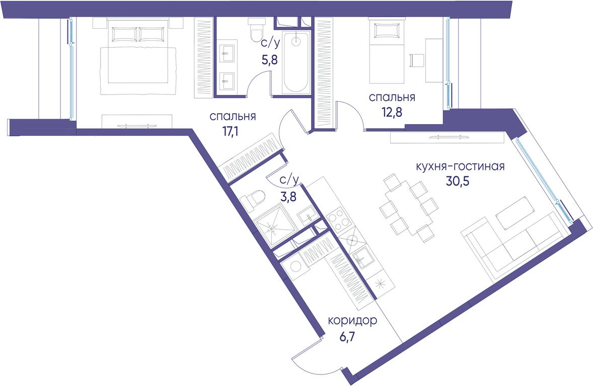 2-BD Apartment Sale, 76.7平方米 at Ostrov, Nizhnye Mnyovniki Street, 37Ас4, Moscow, Russia #1