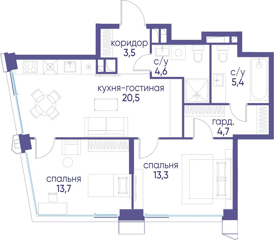 2-BD Apartment Sale, 65.7平方米 at Ostrov, Nizhnye Mnyovniki Street, 37Ас4, Moscow, Russia #1
