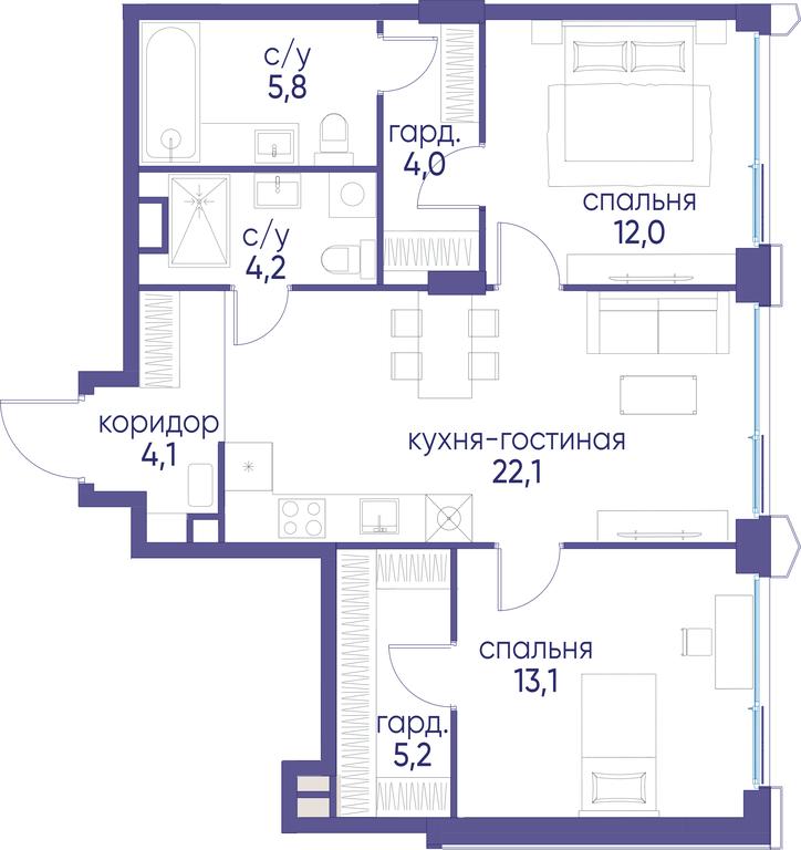 2-BD Apartment Sale, 70.5 sq. m. at Ostrov, Nizhnye Mnyovniki Street, 37Ас4, Moscow, Russia #1