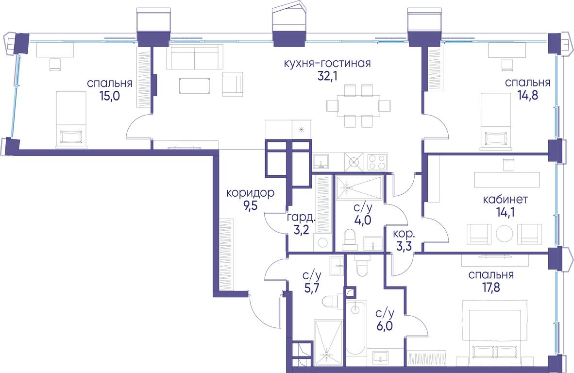 4-BD Apartment Sale, 125.5 sq. m. at Ostrov, Nizhnye Mnyovniki Street, 37Ас4, Moscow, Russia #1