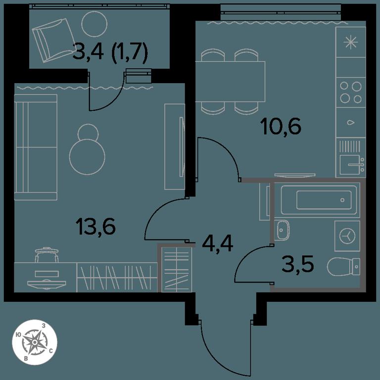 1-BD Apartment Sale, 33.7 sq. m. at Yzhnaya Bitsa, Yuzhnaya Bitsa Residential Complex, posyolok Bittsa, Leninskiy City District, Moscow Region, Russia #1