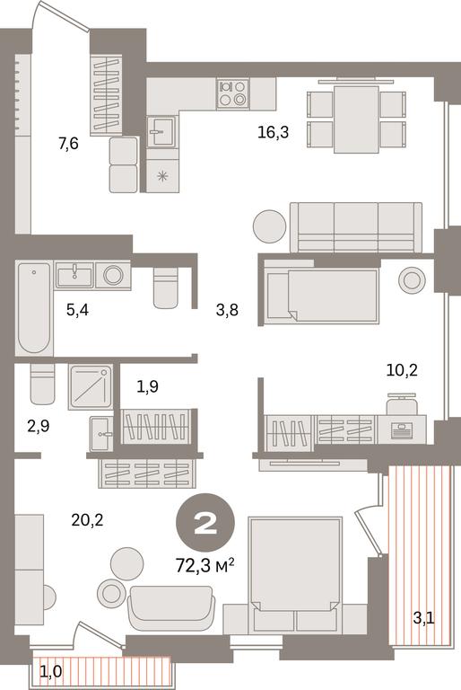 2-BD Apartment Sale, 72.3 sq. m. at Pervy kvartal, Kalinovaya ulitsa, derevnya Sapronovo, Leninskiy City District, Moscow Region, Russia #1