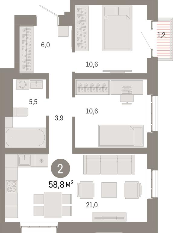 2-BD Apartment Sale, 58.8 sq. m. at Kvartal Metronom, Tagilskaya Street, Moscow, Russia #1