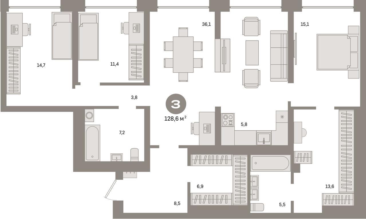 3-BD Apartment Sale, 128.6 sq. m. at Kvartal Metronom, Tagilskaya Street, Moscow, Russia #1