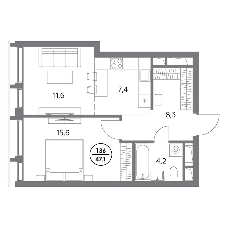 2-BD Apartment Sale, 47.1 sq. m. at Dom56, Fridrikha Engelsa Street, 56с1, Moscow, Russia #1