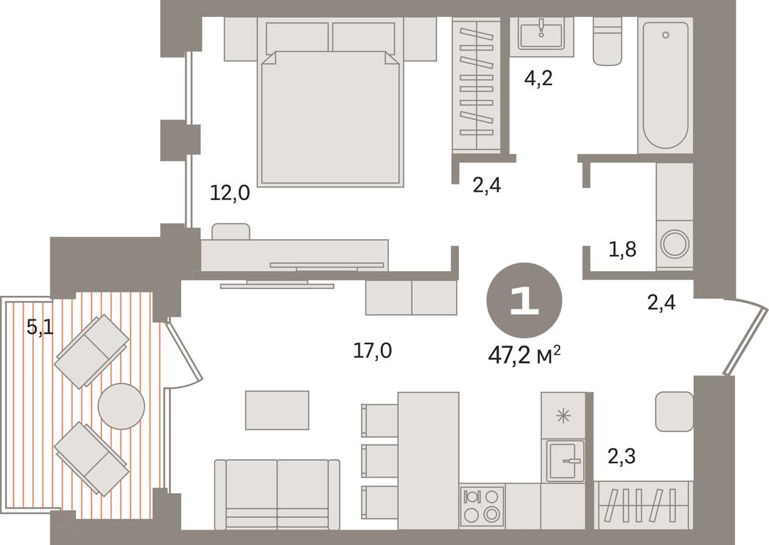 1-BD Apartment Sale, 47.2平方米 at Dom A, Dubininskaya Street, вл59к2, Moscow, Russia #1
