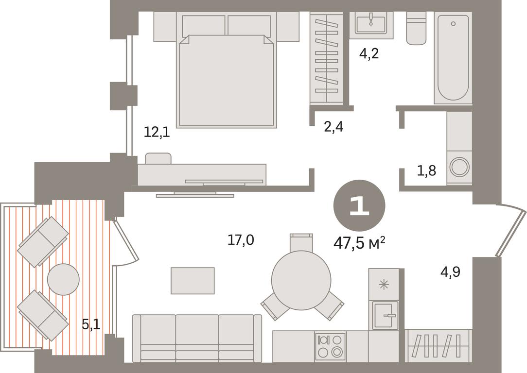 1-BD Apartment Sale, 47.5 sq. m. at Dom A, Dubininskaya Street, вл59к2, Moscow, Russia #1