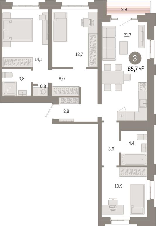 3-BD Apartment Sale, 85.7平方米 at Kvartal Metronom, Tagilskaya Street, Moscow, Russia #1