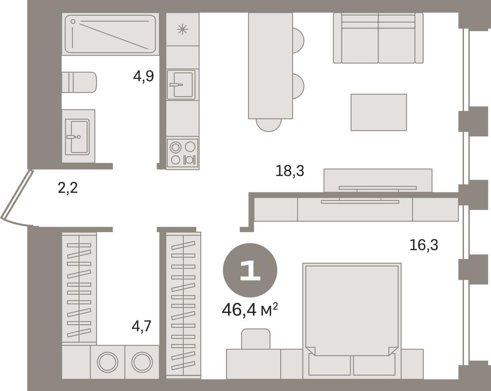 1-BD Apartment Sale, 46.4 sq. m. at Dom A, Dubininskaya Street, вл59к2, Moscow, Russia #1